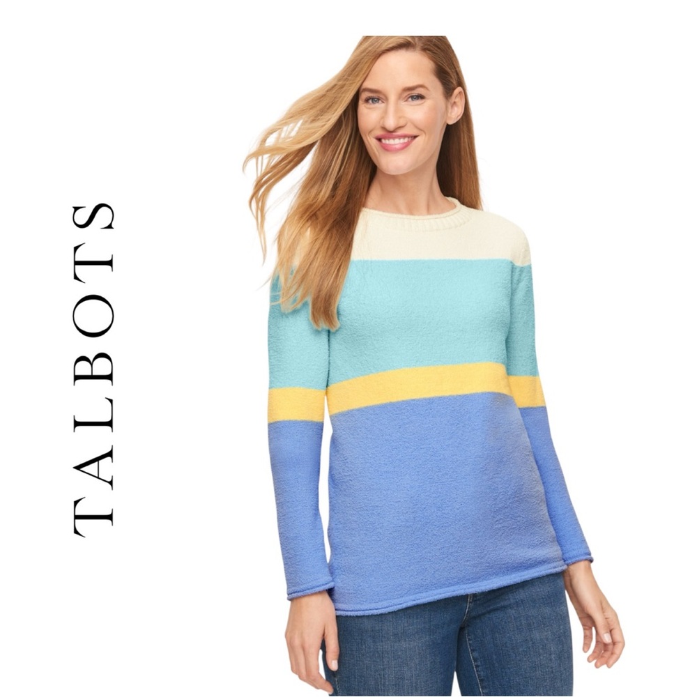 Talbots Roll Neck Striped Colorblock Crewneck Sweater Size L Yellow Blue